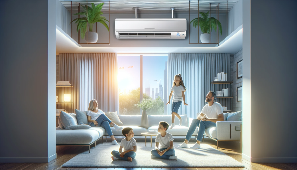 This image shows a modern living room with an advanced HVAC system, highlighting a family enjoying a comfortable and healthy indoor environment, representing the positive effects of HVAC on family well-being.