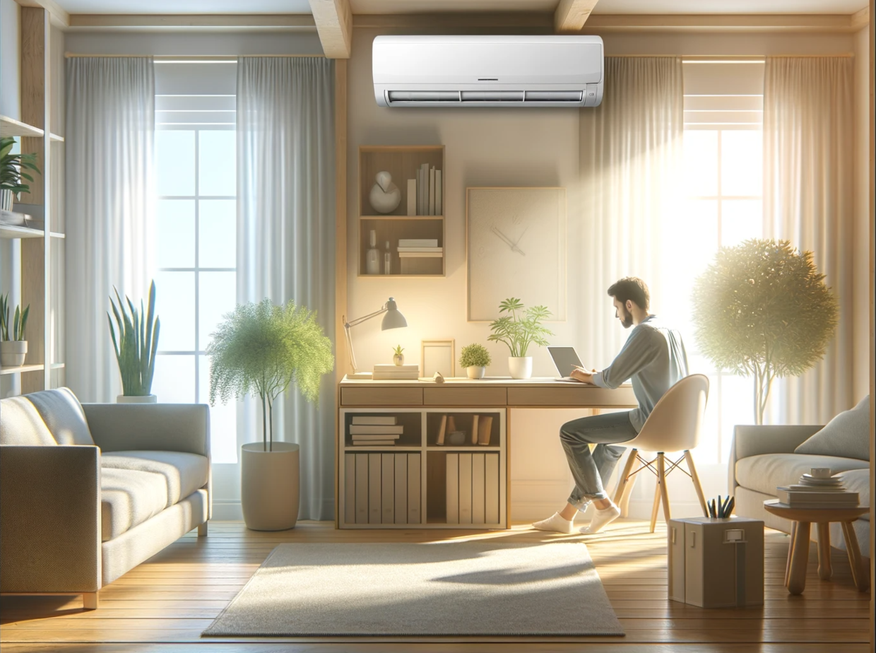 This image depicts a serene home office with a modern HVAC system, symbolizing the positive impact of a comfortable, well-ventilated workspace on mental well-being.