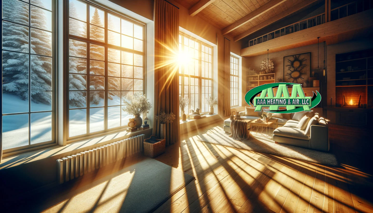 This image visually captures the concept of using natural sunlight to enhance home heating efficiency on a winter day.