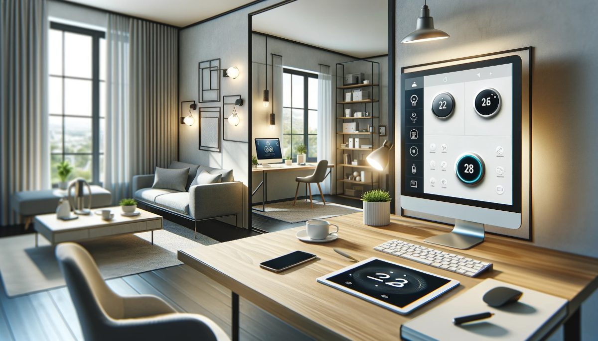 This image features a modern home office with a smart thermostat, a computer with a smart home app, and smart lighting.