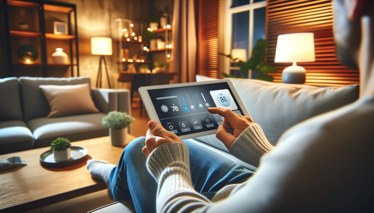 This image shows a person in a living room, using a tablet to adjust a smart thermostat.