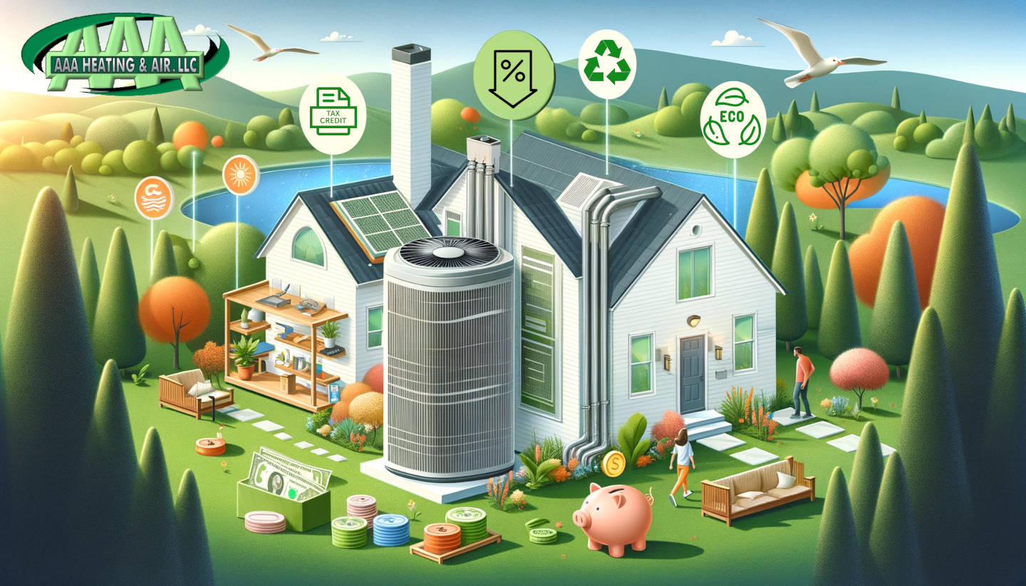 This image illustrates a modern, energy-efficient home with a state-of-the-art HVAC system, incorporating symbols of government incentives, financial savings, and a theme of comfort and environmental friendliness.