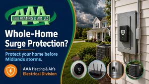 AAA Heating & Air’s Electrical Division featured image about whole-home surge protection before Midlands thunderstorms
