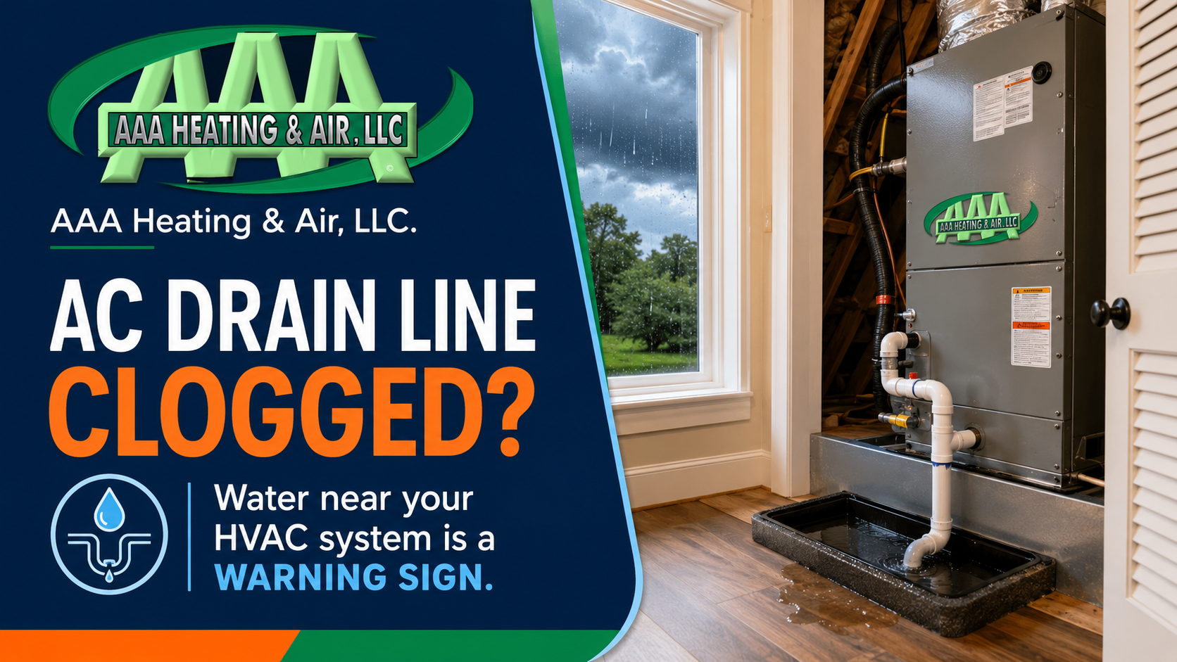 AAA Heating & Air featured image about a clogged AC drain line and water near an indoor HVAC system after Midlands storms