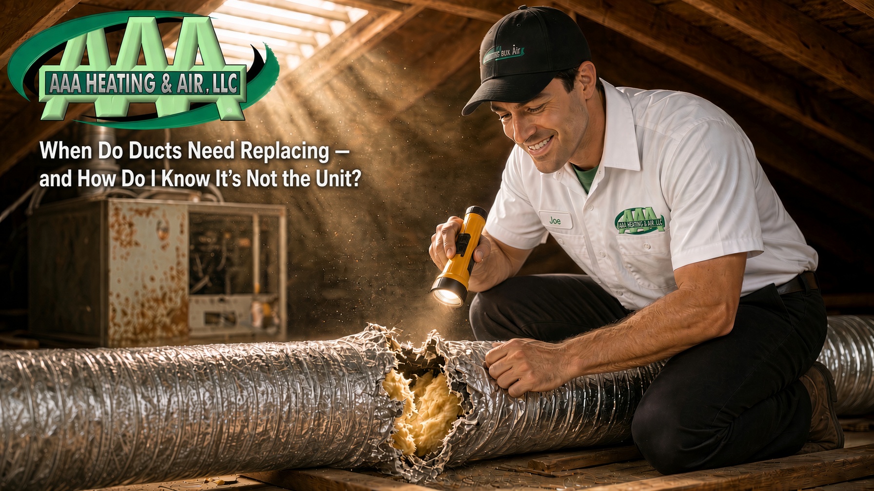 AAA Heating & Air technician checking damaged flexible ductwork in a Midlands attic