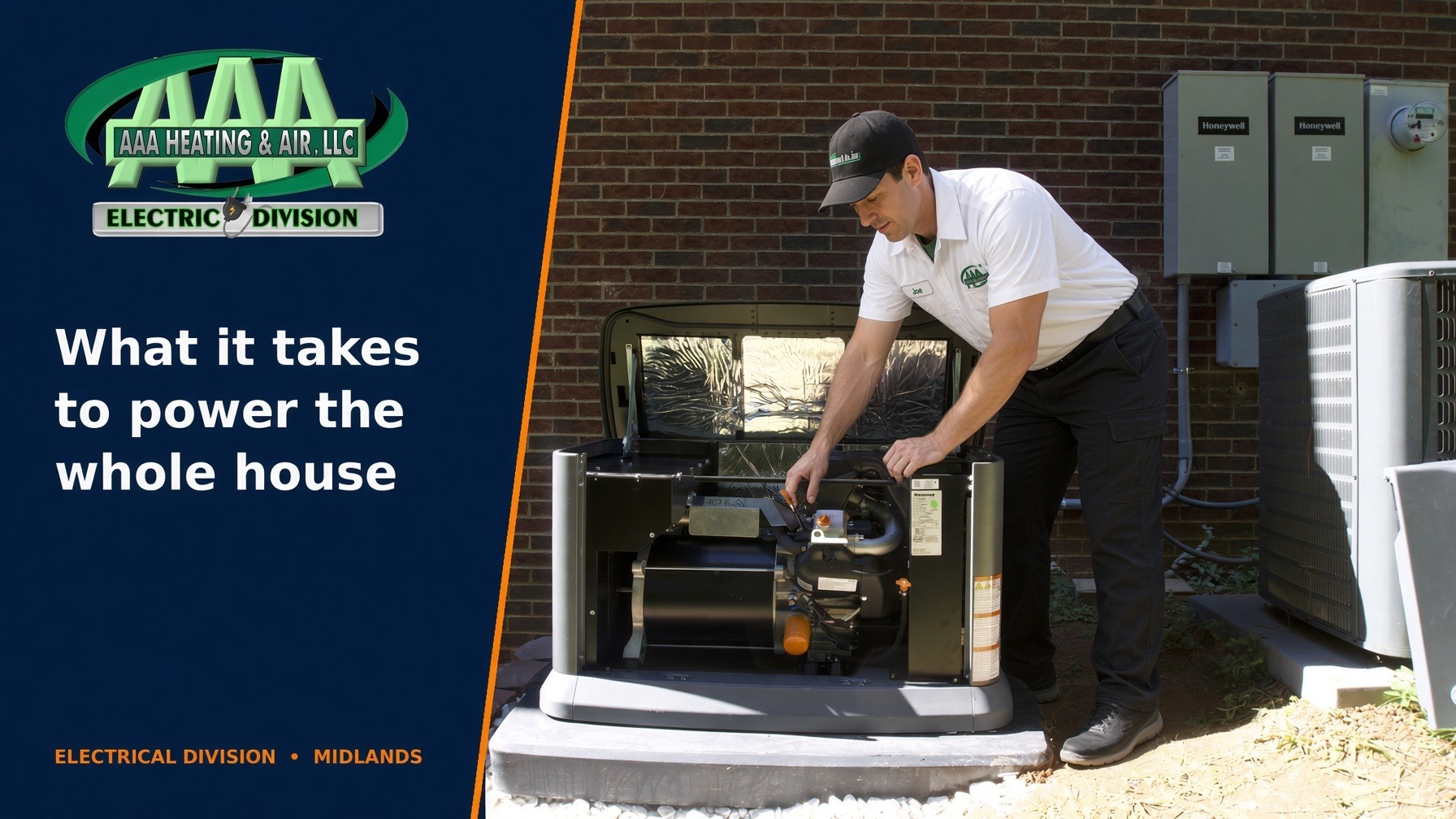 AAA Heating & Air Electrical Division whole-home generator featured image. An AAA technician services an open standby generator beside a brick home, next to the transfer switches and electric meter.