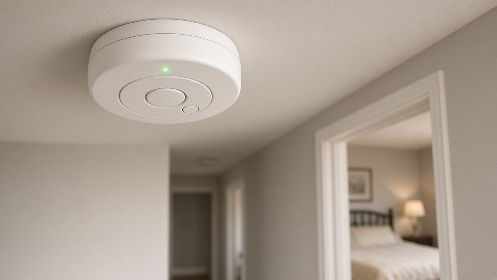 Carbon monoxide alarm in a hallway outside a bedroom