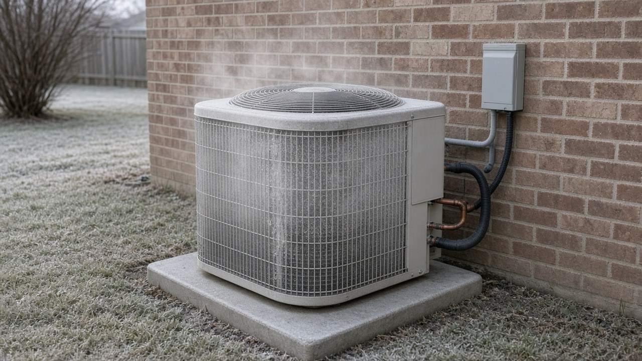 Outdoor heat pump unit on a concrete pad beside a brick Midlands home, with frost on the coil fins and light steam rising during a normal defrost cycle