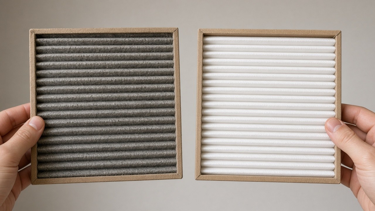 Homeowner comparing a dirty gray air filter with a clean replacement filter
