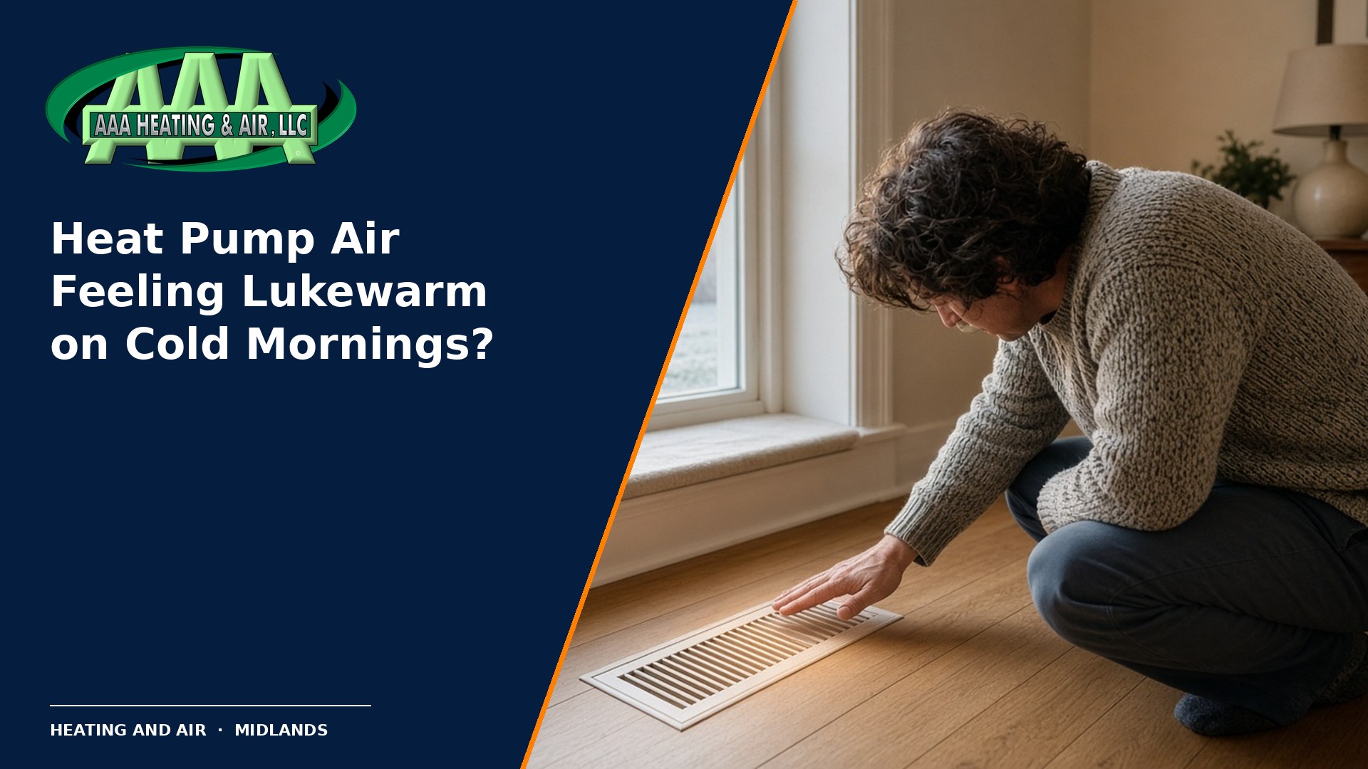 AAA Heating & Air featured image. Homeowner feeling the airflow at a floor supply register on a cold Midlands morning. Why does my heat pump feel lukewarm?