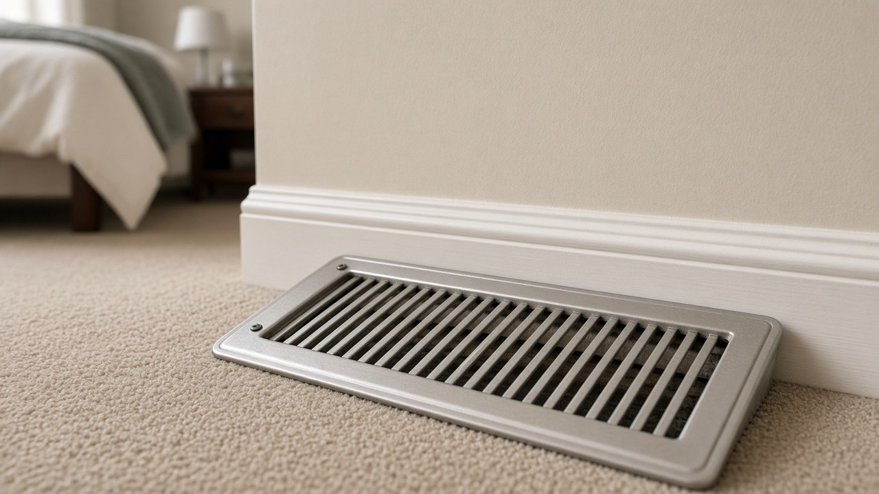 Midlands homeowner checking an open bedroom supply register for airflow while the system runs