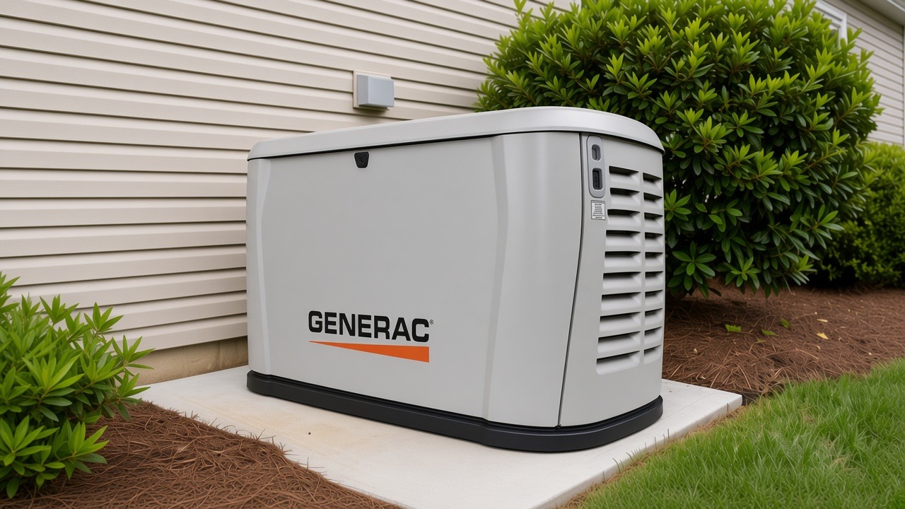Generac standby generator on a concrete pad beside a Midlands home